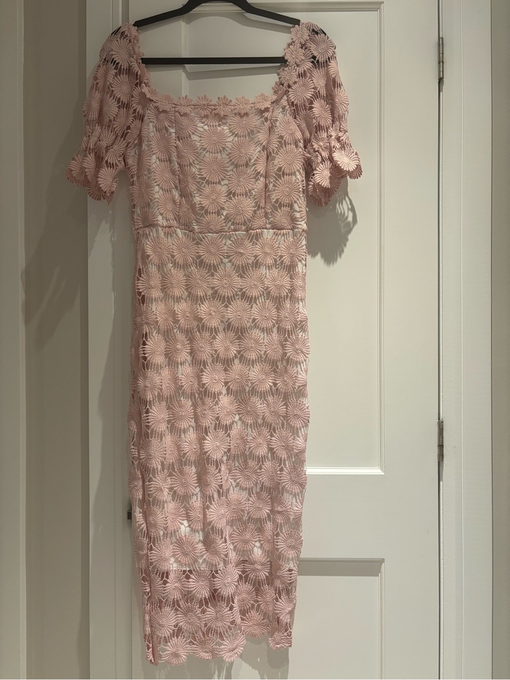 Women’s Pink Lace Midi Dress - Elegant Floral Crochet Design